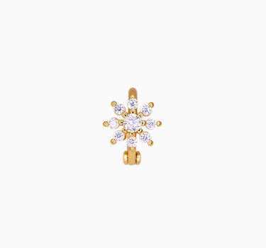 Diamond flower mini hoop earrings in 18k gold plated sterling silver as cartilage earrings.