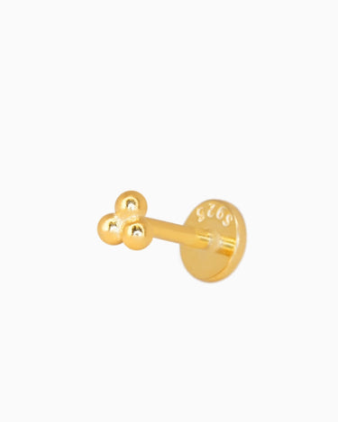 3 bead push pin earrings in 18k gold plated sterling silver as earlobe or cartilage earrings.