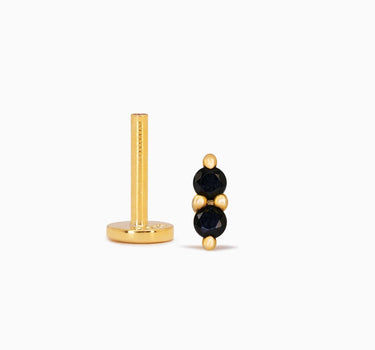 Black onyx twin flat back earrings in 18K gold plated sterling silver as earlobe or cartilage earrings. 