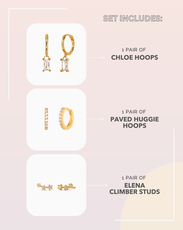 Gold hoop earrings encased with diamond pair with climber stud earrings