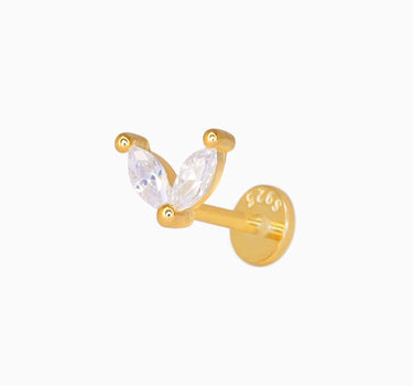 Diamond marquise flower push pin earrings in 18K gold plated sterling silver as earlobe or cartilage earrings.