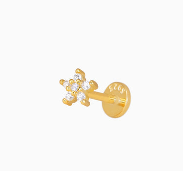 Flower push pin earrings in 18k gold plated sterling silver as earlobe or cartilage earrings.