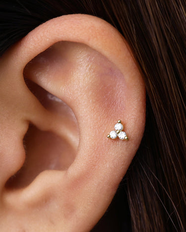 Lotus flower flat back earrings with diamond stones as helix earrings on model.