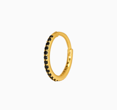 Paved black onyx clicker hoop earrings in 18k gold plated sterling silver as earlobe or cartilage earrings.