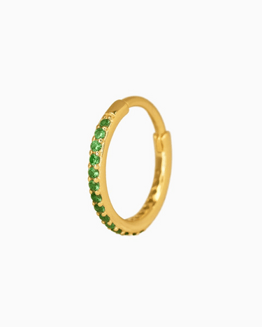 Clicker hoop earrings paved with emerald stones in 18k gold plated sterling silver.