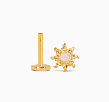 White opal sun flat back earrings in 18k gold plated sterling silver ad earlobe or cartilage earrings.